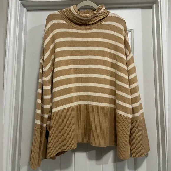GAP 24/7 Split Hem Turtleneck Sweater 2X Camel Stripe Tan Cream Oversized Chunky - Picture 2 of 8